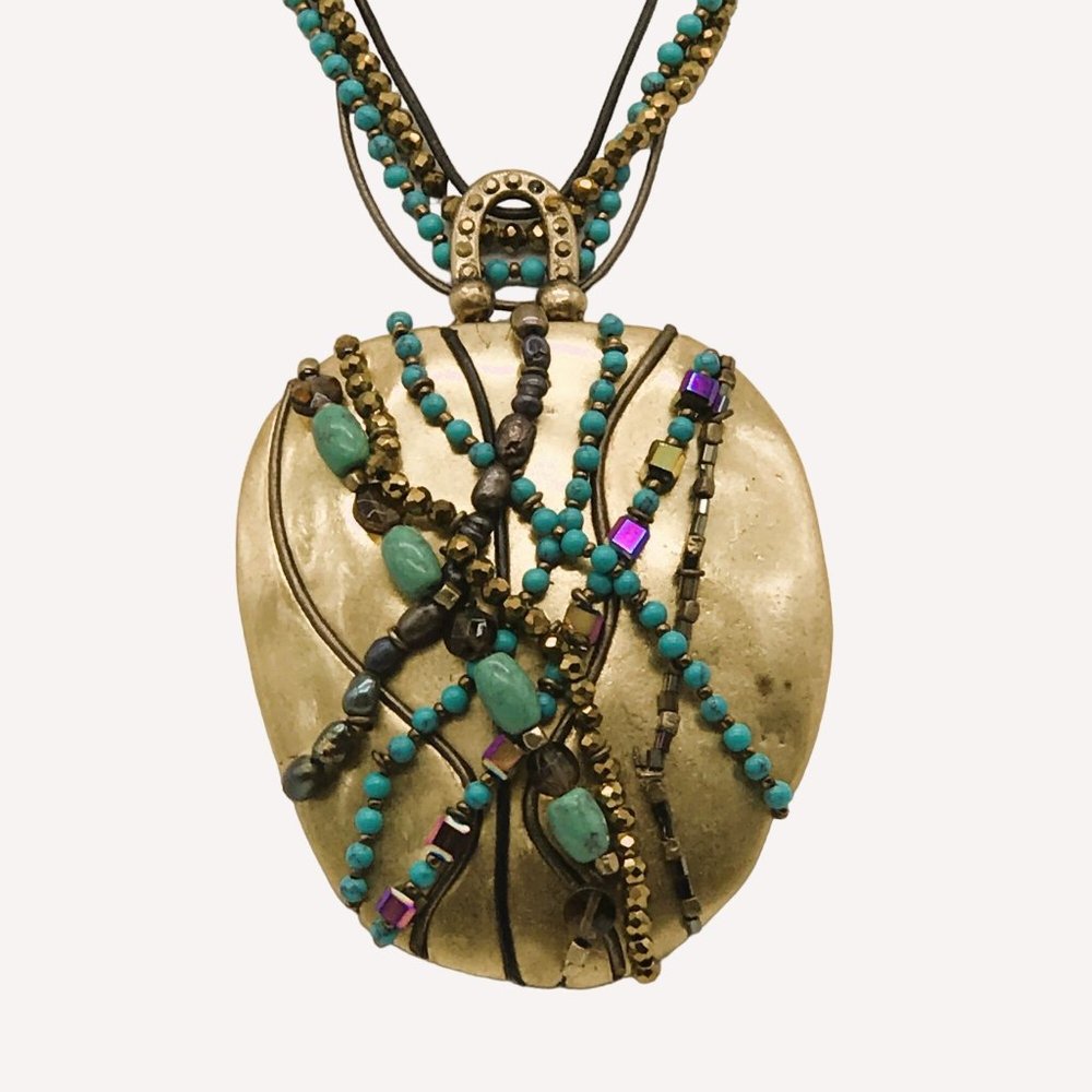 Chico's Multi-Strand Metal Pendant Necklace Boho Brutalist Hammered